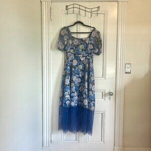 Rachel Parcell Size 8 Blue Floral Puff Sleeve Lace Trim Midi Dress